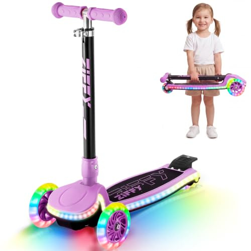 ZIFFY Kids Scooter for Boys & Girls LED Light-Up Wheels, 4 Adjustable Height Handlebars, and Lean-to-Steer Design with Anti-Slip Wide Deck for Stability - Up to 110LBS