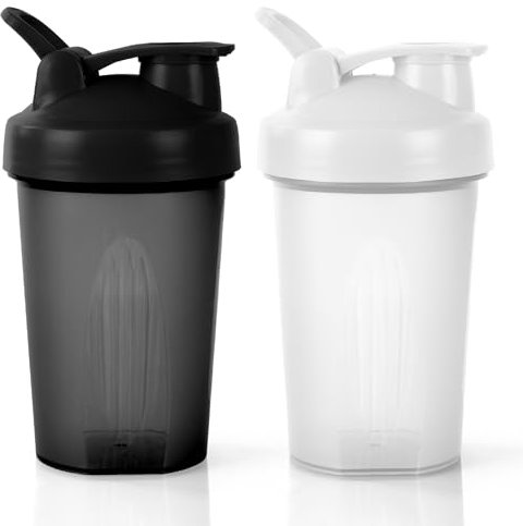 AOGOE 2 PCS Protein Shaker 400ml, Proteína Shaker a Prueba de Fugas con Bola Mezcladora, Botella Mezcladora de Batidos de Proteínas, Taza para Batidos de Proteínas para Fitness (Negro + Blanco)