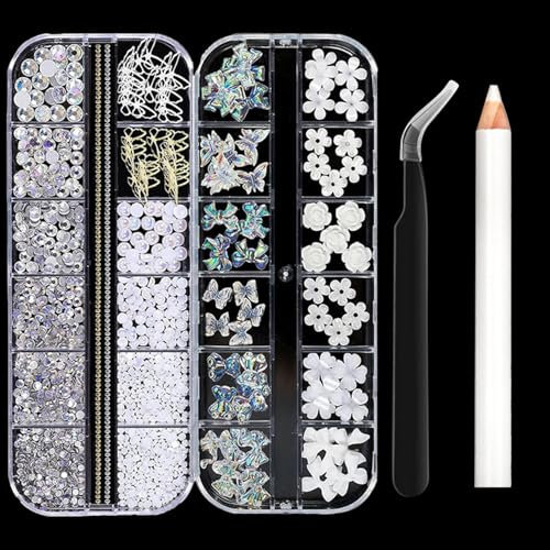 700PCS 3D Nail Charms Set, Nail Gems for Nail Art, with Jewelry Pearls Chains Butterfly Bow Flower Bear Nail Decorations, Flat Back Gems for Nails, Nail Pearls for Nail DIY Designs Decorations (B)