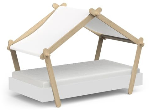 habeig Mini-Lodge Kinderbett mit Dach, 143,6 x 106,5 x 85 cm, Weiß/Naturholz
