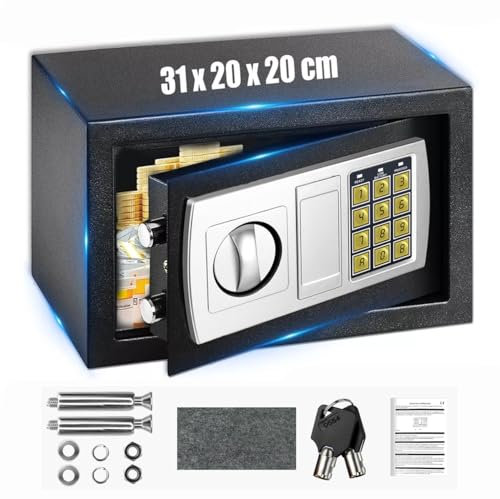 Elektronische Möbeltresore, 8.5L Safe Tresor mit Schlüssel und Zahlenschlossl, Feuerfest und Wasserdicht Haushalt Kleintresor für Bargeld/Dokumente/Schmuck/Waffen Mini Safe Wandtresor (31x20x20cm)