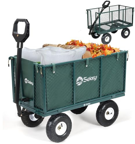Sekey Bollerwagen Gartenwagen 550KG Belastbar, Transportwagen Transportkarre Gerätewagen mit Patentiertem Handgriff, Vollgummi-Luftreifen, Serie Titan, 200L, Grün