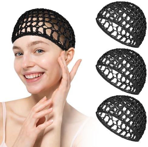 Sibba 3 retine per capelli per dormire, da donna, per asciugare i capelli, intrecciate all'uncinetto, in raso nero, morbide e riutilizzabili, accessorio per parrucca lunga per copertura della doccia