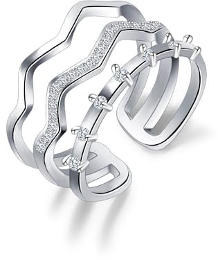 Silber Ringe für Damen, Ring verstellbar offen Welle Zirkonia Mehreren Linien Ringe für Frauen Verlobungsring Trauringe Hochzeitsringe Antragsring Ring Silberschmuck für jeden Anlass