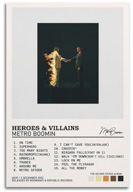 Metro Boomin Poster, Helden und Bösewichte, Album, Tracklist-Poster, Vintage-Wandkunst, Leinwand, ästhetisches Poster, Musik und Filme, dekoratives Gemälde für Wohnzimmer, Schlafzimmer, 30 x 45 cm