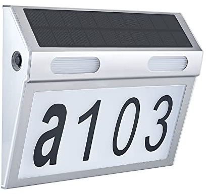 SNFKQPADJ Solar-Hausnummern für Außenbeleuchtung, 3 einstellbare Farbtemperaturen (6000 K/4000 K/3000 K), wasserdichtes Adressschild aus Edelstahl, automatische Lichterkennung und einfache Montage
