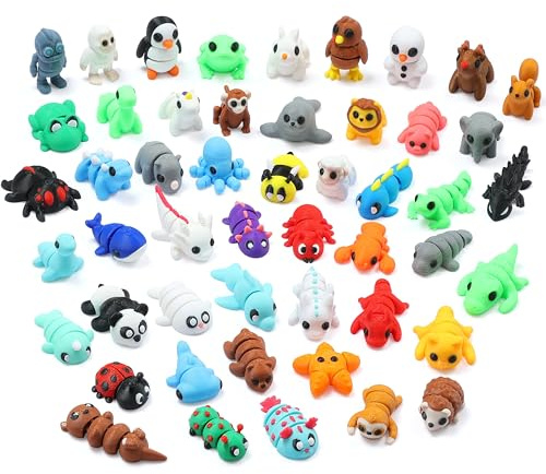 MONJITA 50 pcs Mini 3D Printed Animal Figurines, Flexible Articulated Fidget Toys, Cute Desk Decor, Party Favors, Goodie Bag Stuffers, Gifts for Kids, Carnival Prizes, Graduation Rewards
