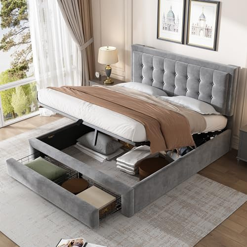 Kinberry Boxspringbett - Doppelbett mit Kasten und Schubladen, 140 x 200 cm Samtstoff, Polsterbett, Lattenrost, großer Stauraum, für Erwachsene und Jugendliche geeignet, einfache Montage, Grau