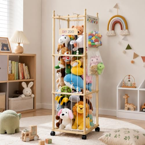 Kuscheltier Aufbewahrung, Stofftier Aufbewahrung Mit 360°Bremse-Ausgestattete Räder,138 * 40 * 40cm Plüschtier Lagerung für Kinderzimmer, Spielzimmer, Schlafzimmer, Kinderzimmer