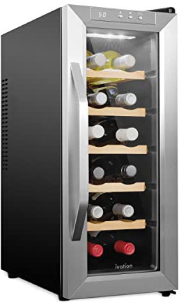 Ivation 12 Bottle Thermoelectric Wine Cooler/Chiller - Stainless Steel - Counter Top Red & White Wine Cellar w/Digital Temperature, Freestanding Refrigerator Smoked Glass Door Quiet Operation Fridge