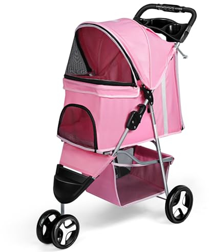 Hundekinderwagen, Hundebuggy, Jogger, faltbarer Kinderwagen für mittelgroße und kleine Hunderassen, mit verstellbarem Verdeck, Ablagekorb, Ein-Fuß-Bremse,Pink-One Size