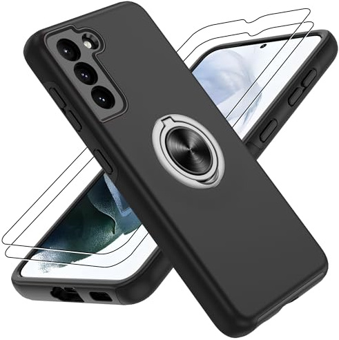 Gritup für Samsung Galaxy S21 Hülle mit 2 Stück Schutzfolie Militärstandard Stoßfeste Handyhülle,Robuste Fallschutz Schutzhülle 360° drehbare Metallhalterung Case für Galaxy S21,Schwarz