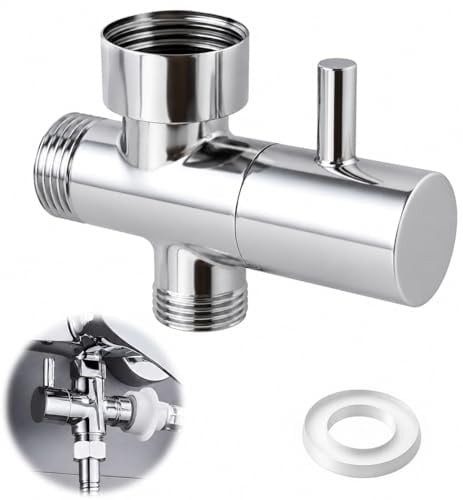 Shower Diverter Valve, 3 Way Water Diverter Connector BSP T-Type Adapter Upper Inlet G3/4 Lower Outlet G3/4(25mm) Side Outlet G1/2 (20mm) Replacement Part for Hand Held Showerhead Fixed Spray Head