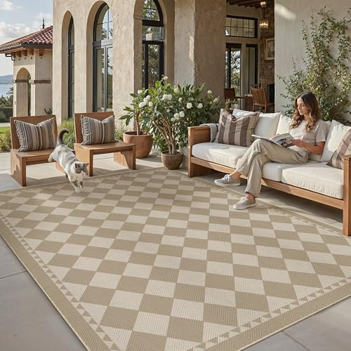 PureCozy Outdoor Teppich Wetterfest 200x300cm Beige Kaffee Waschbar | Outdoorteppich,Wetterfest,Waschbar,Rutschfest,Jute Optik,für Balkon,Garten,Terrasse,Wohnzimmer
