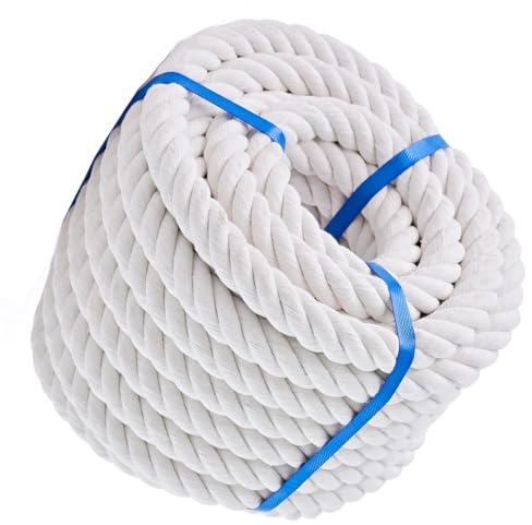 Braided Macrame Cord Rope， 3-Strand Braided Cotton Rope White, 10-100m Length, 1/2 to 1 Diameter(3/4,20m)