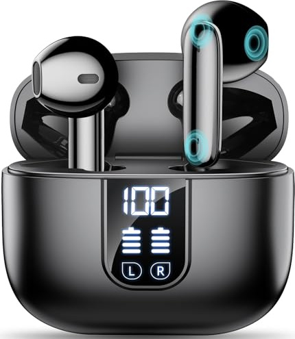 Wireless Earbuds Bluetooth 5.4 In Ear Buds 6 Mic ENC Noise Cancelling Clear Calls, Deep Bass HiFi Stereo Sound Earphones 35H Playtime LED Power Display IPX7 Waterproof Headphones for Android iOS Black