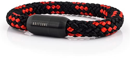 Akitsune Portus Segeltau Armband | Magnetischer Kapselverschluss Armschmuck Damen Anker Herren Maritim - Mattschwarz - Schwarz- Rot 18cm