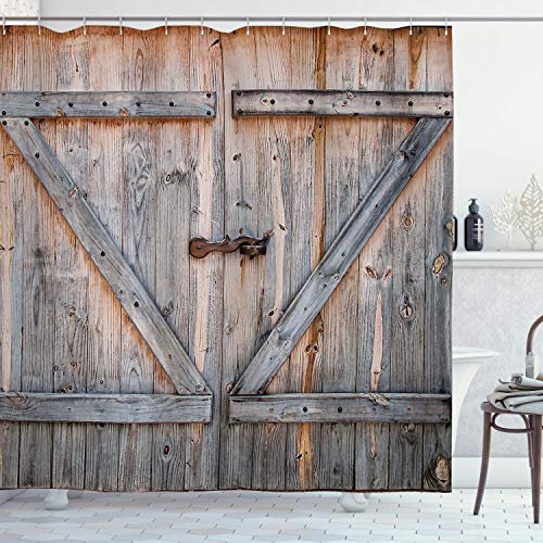 ABAKUHAUS Rustikal Duschvorhang, American Country Stil, Stoffliches Gewebe Badezimmerdekorationsset mit Haken, 175 x 220 cm, Pale Brown und Grau