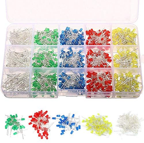 Gasea 750pcs 3mm Light Emitting Diodes 2Pin Round LED Bulb Lamp Assorted Kit for Electronic Components Parts | White Yellow Red Blue Green,5 Colors x 150 Pcs