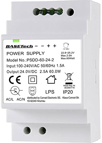 Basetech BT-2250321 Hutschienen-Netzteil (DIN-Rail) 24 V 2.5 A 60 W Anzahl Ausgänge:2 x Inhalt 1 St.