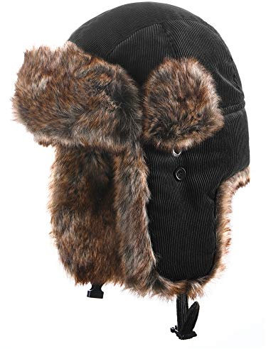 Insun Unisex Cord Fliegermütze Winddicht Trappermütze Warme Kunstfell Russische Mütze Winddicht Schwarz L