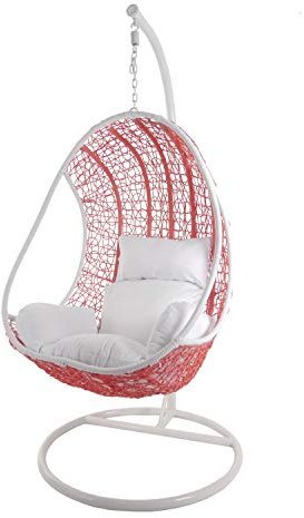 Kideo Swing Chair Hängesessel Hängestuhl Polyrattan Schwebesitz weiß pink (rosa_Frizzy/weiß)