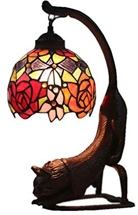 LANMOU 10 Zoll Tiffany Tischlampe Buntglas Tischleuchte Kreative Katze Design Schlafzimmer Nachttischlampe Zinklegierung Basis E27 Schreibtischlampe Esszimmerlampe Dekoration Nachtlicht,D