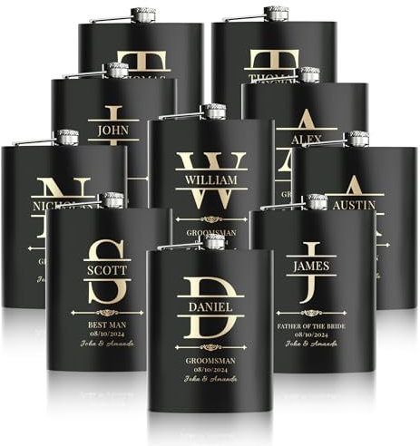 Flasques a Alcool Personnalisés, 10 Pièces Flasques Whisky Inox 304 8oz/227ml Personnalisables, Cadeaux Personnalisés Homme avec Texte pour Témoins du Marié Groomsman, Cadeau de Mariage (Noir)
