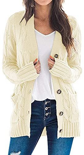 Maavoki Strickjacke Damen Herbst Cardigan mit Knopfleiste Langarm Strick Warm Winter Strickmantel mit Taschen, Beige XL