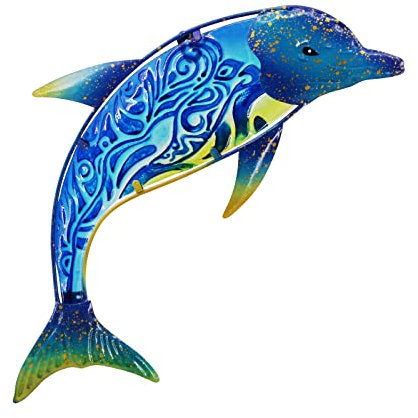 John's Studio Delphin Wanddekoration Outdoor Metall Fsh Meer hängende Kunst Glas Skulpturen Home Ocean Thema Dekorationen für Wohnzimmer, Schlafzimmer, Hof, Zaun und Terrasse – 44 cm