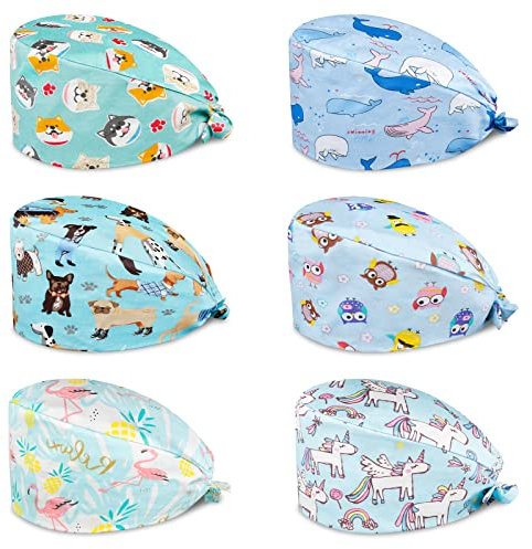 Comius Sharp 6 Stück Schrubben Kappe, Verstellbare Baumwolle Haube Kopfbedeckung Turban Kappe Bedruckte Sanft Kappen Unisex, Haarabdeckung mit Schweißband für Frauen Männer (B)