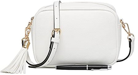 Sac à main à bandoulière en cuir vegan léger pour femme - Design classique et décontracté - Avec pompon, blanc, Small