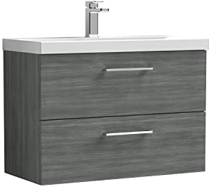 nuie ARN526A Arno Modern Bathroom Wall Hung 2 Drawer Vanity Unit with Mid-Edge Ceramic Basin, 800mm, Woodgrain Anthracite