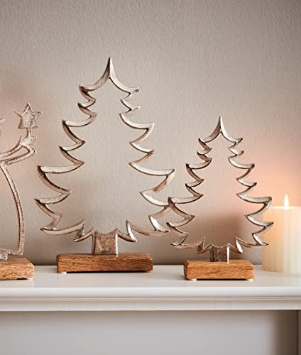 2X Tanne Silber aus Aluminium und Mango Holz, Dekofigur, Weinachtsdekoration, Winterdekoration