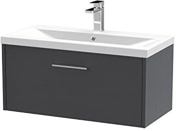 Hudson Reed JNU2225A Juno Modern Bathroom Wall Hung Single Drawer Vanity with Mid-Edge Ceramic Basin, 800mm, Woodgrain Graphite Grey