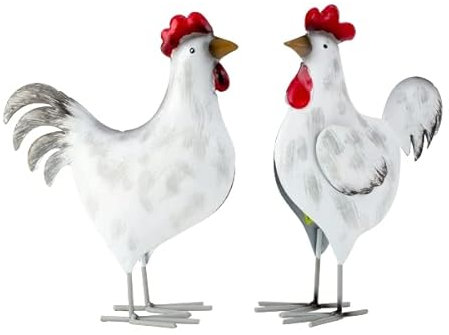 2 Stück Metall Hahn und Henne Figuren 21 cm