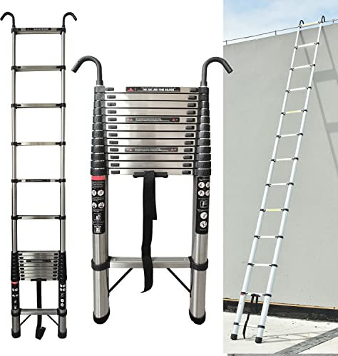 5m Teleskopleiter Edelstahl Leiter mit 2 Haken, Rutschfesten Anlegeleiter Ausziehbareleiter für Ourdoors und Indoors, 150kg Tragkraft, EN131