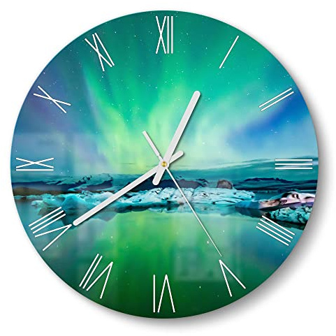 DEQORI Glasuhr | rund Ø 30 cm | Motiv Leuchtendes Polarlicht | ausgefallene leise Design Uhr aus Glas | Wanduhr für Wohnzimmer & Küche | moderne Hingucker Uhr für die Wand