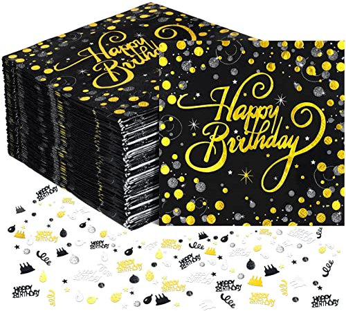 Heyu-Lotus 60 Stück Happy Birthday Servietten Schwarz Gold 33x33cm mit 15g Geburtstag Konfetti für Party Deko