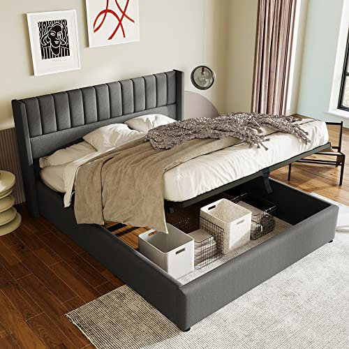 FEZTOY Stauraumbett Polsterbett 140x200cm, Doppelbett Bett mit Hydraulisch, Lattenrost aus Holz, Jugendbett Bett mit Lattenrost aus Metallrahmen, Leinen (Grau, 140x200)