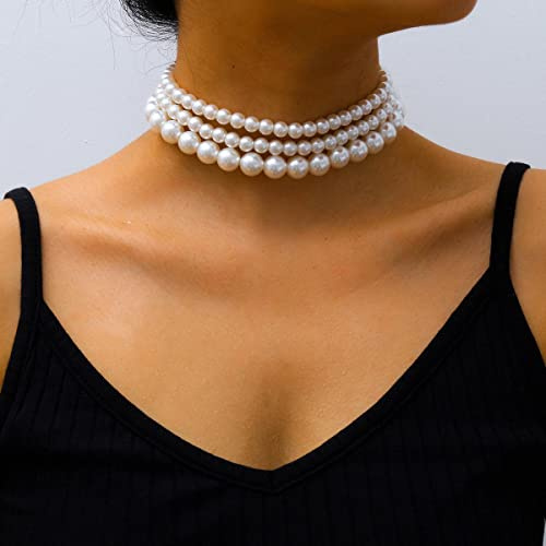 Clataly Damen Perlenkette Armbänder Vintage Runde Mehrschichtige Imitation Perle Choker Halsketten Brautschmuck (Perlenkette A)