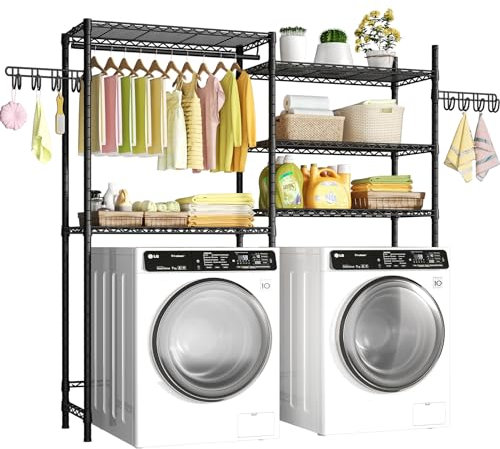Ulif Wäscheständer, 165,9 x 34 x 196,8 cm (B x T x H), 5 Etagen, über Waschmaschine und Trockner, Waschküche, Aufbewahrung und Organizer, robust, platzsparend, Schwarz