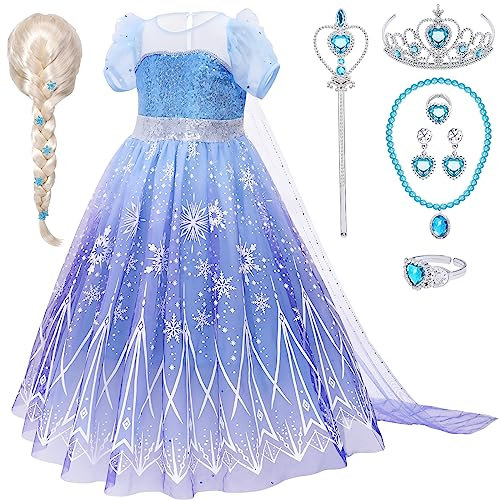Elsa Kostüm Mädchen Eiskönigin Prinzessin Kleid mit Elsa Perücke Krone Armband Zauberstab Prinzessin Kostüm für Mädchen 3 4 5 6 7 8 9 10 Jahren Geburtstag Karneval Halloween Weihnachten Verkleidung