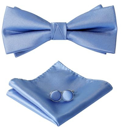 HOULIFE Fliege Herren Set - Verstellbare Fliege aus Satin Polyester Vorgebunden Fliege, einfarbige Einstecktuch, Manschettenknöpfe Set für Bräutigam Hochzeit formal mit Geschenkbox, Dunstblau