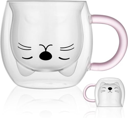 Kaffeetasse aus Glas Mit Lila Katze – doppelwandige Thermogläser Mit Henkel– Süße Tasse – Fassungsvermögen 280 ml – Hitzebeständig – Geschenke Für Frauen Kinder Zum Geburtstag Weihnachten