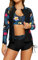 SHEKINI Frauen 3-teilige Rash Guard Langarm Badeanzüge mit Kordelzug Kurz (Schwarz+Blatt, Medium)
