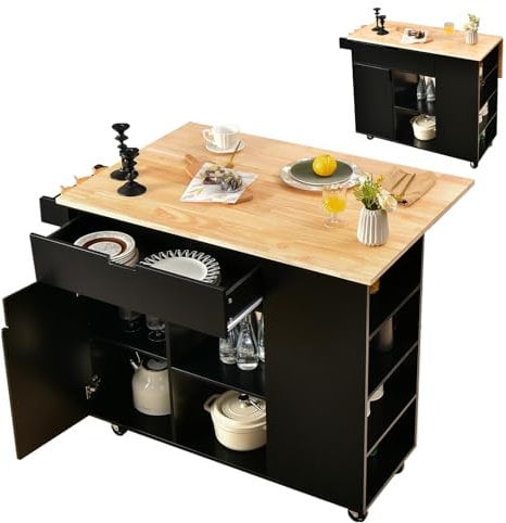 KOMFOTTEU Isla de Cocina con Encimera Extensible, Carro de Servicio de Madera con 5 Ruedas, Mueble de Almacenamiento con Cajón, Armario con Puerta, Estante Abierto y Toallero, Barra Comedor (Negro)