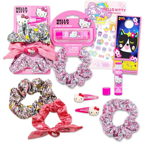 Hello Kitty Juego de coleteros – Paquete con 3 coleteros, pinzas para el pelo de Hello Kitty para labios, bálsamo labial, tatuajes, más | Juego de lazos para el cabello Hello Kitty