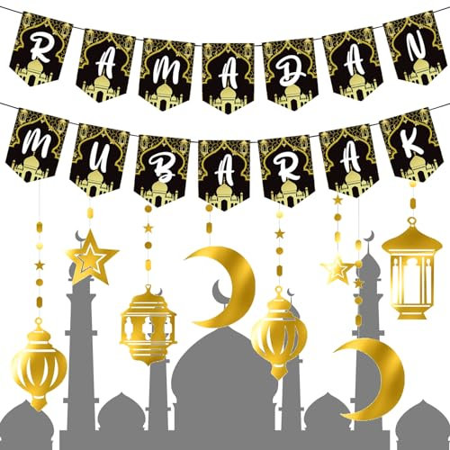 SPERMUOY Ramadan deko,Ramadan Mubarak Banner Ramadan Girlande Gold Stern Mond Ramadan Dekorationen,Eid mubarak dekoration ramadan banner für Eid Festival Party Dekoration