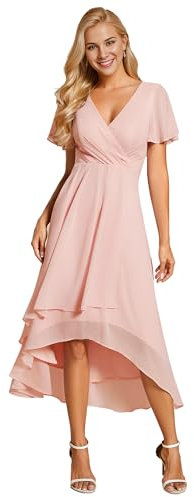 Ever-Pretty Abito da Ospite Scollo A V Maniche A Volant Gonna A Trapezio Abiti Cerimonia Donna Eleganti Rosa 44